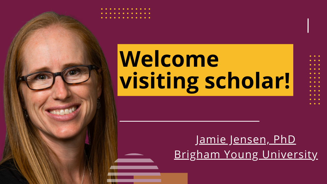 Jamie jensen in front of a maroon backdrop and abstract shapes surrounding her name and "Welcome visiting scholar!"