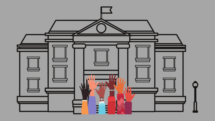 outline of a university building with several raised hands of different races in front of it