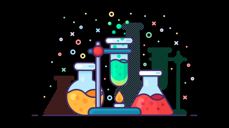 black background with colorful chemistry set in foreground