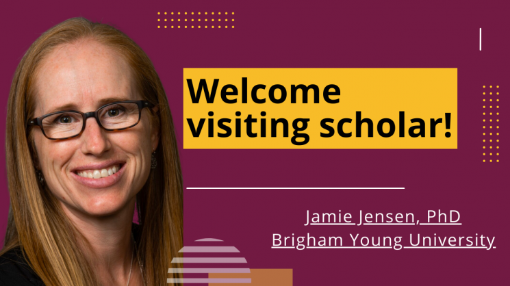 Jamie jensen in front of a maroon backdrop and abstract shapes surrounding her name and "Welcome visiting scholar!"