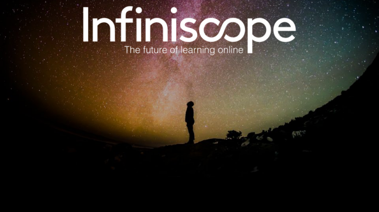 infiniscope logo above a human looking up into the night sky.