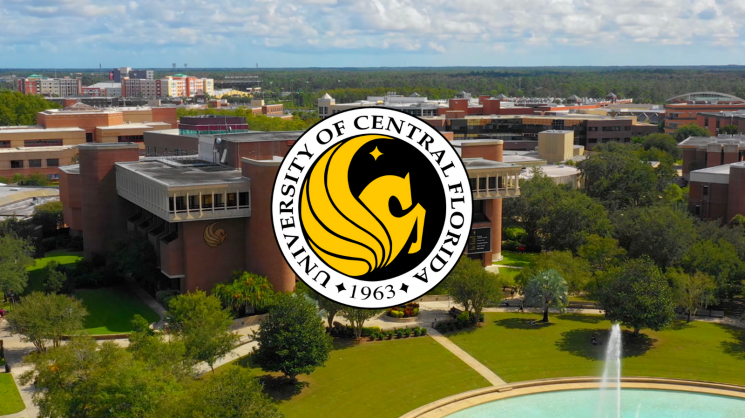UCF logo with the campus backdrop