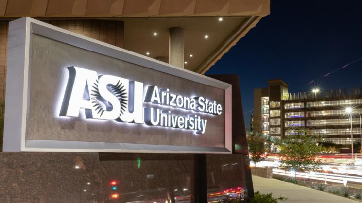 Arizona State University sign lit up