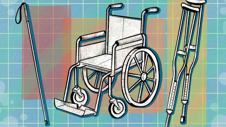 blue background with drawings of a cane,  wheelchair, and crutches