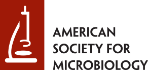 Logo for the American Society for Microbiology - white silhouette of a microscope on a red background